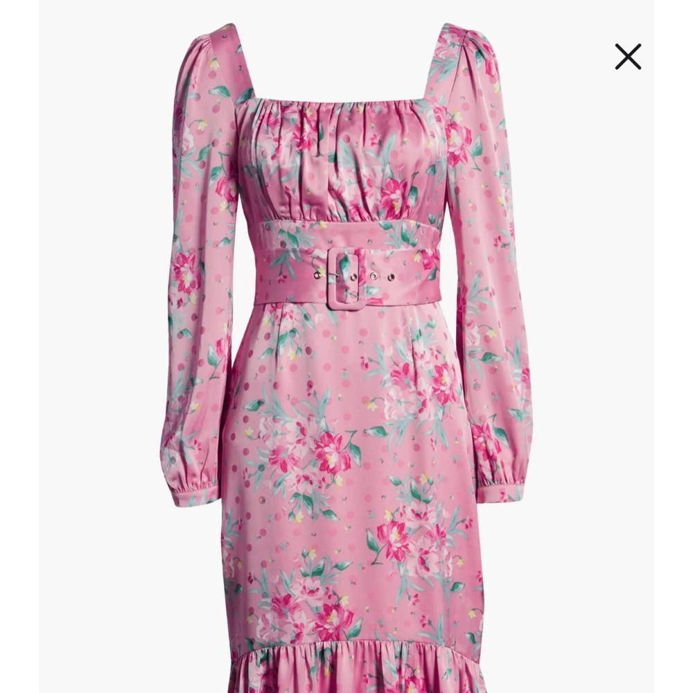 Large Pre-owned Floral Belted Bustier Long Sleeve Satin Ruffle Midi Dress